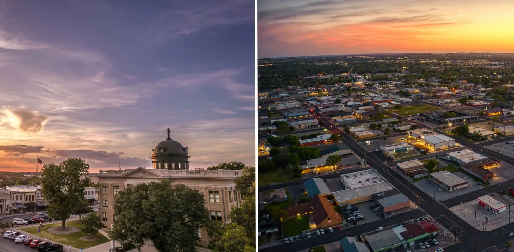 Side-by-side aerial photos of Georgetown and Killeen, Texas at sunset, highlighting downtown buildings and vibrant skies over growing Central Texas communities.